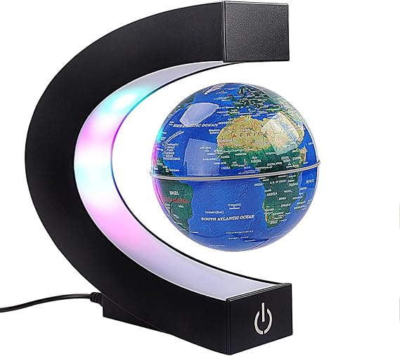 Magnetischer Schwimmender Globus mit farbigen LED-Lichtern C-Form Anti-Schwerkraft-Magnetschwebebahn Rotierende Weltkarte für Geschenk Home Office Schreibtischdekoration (Mit Schalter Blau)