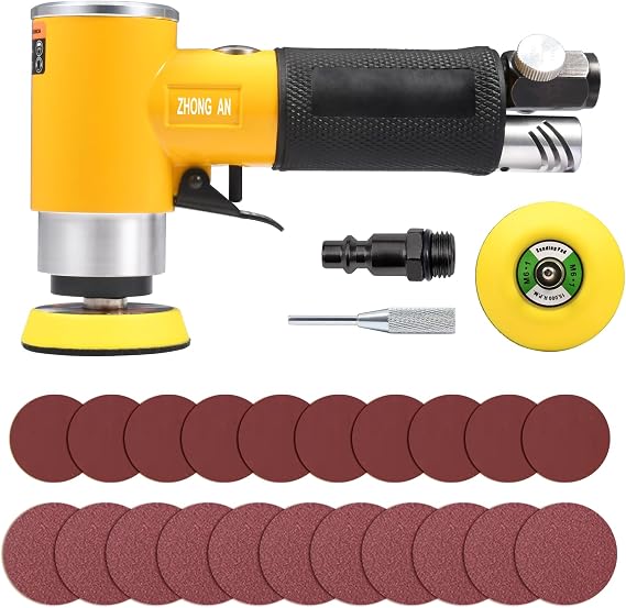2/3 inch Mini Orbital Sander Pneumatic Palm da sander Air Polisher Super Smooth and Swirl Freely for Auto Body Work Wood working with 20 PCS Sanding Discs,Yellow