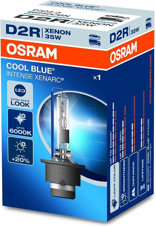 OSRAM Xenarc Cool Blue Intense D2R, +20% more brightness, up to 6,000 K, Xenon headlight bulb, LED look, folding box (1 lamp),66250CBN
