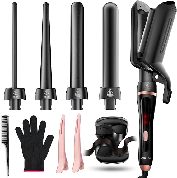 5 in 1 Curling Wand Set, Hair Curler with Waver Curling Iron Wand, Instant Heat Up Curling Iron with Interchangeable Ceramic Barrels (0.35"-1.25") Dual Voltage Hair Curler Birthday Gifts for Women