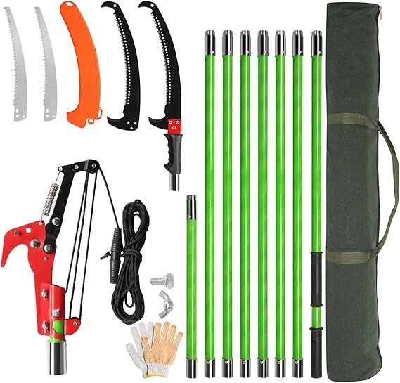 26FT Extendable Manual Pole Saw, Green | Lightweight Telescopic High Branch Pruner Pole Pruning Saw, Long Reach Tree Cutter Trimmer for Garden, Yard, Bush, Fruit Tree