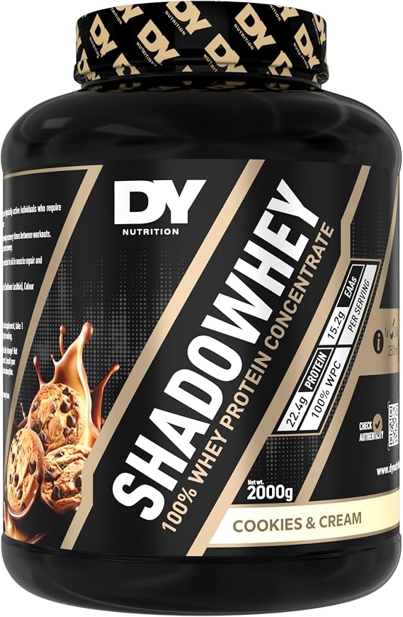 DY Nutrition - Shadowhey Whey Protein Concentrate Powder 2Kg | 23g Protein per Serving | 66 Servings | 7.3g of BCAAs | Sourced from EU Grass-Fed Cows | Easy Mix & Digest Formula (Cookies & Cream)