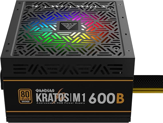 GAMDIAS 600W Bronze PSU, RGB Gaming PC Power Supplies 600W 80 Plus Bronze Certified 600 Watt PSU for Computers with Active PFC, Kratos M1-600B