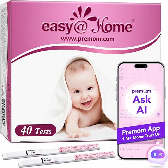 Easy@Home Pregnancy Test Strips for Early Detection: 40 x hCG Pregnancy Test 10 MIU/mL with Premom App Support