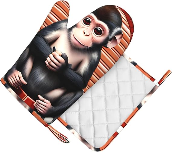 The silent monkey Oven Mitt with Silicone Grip-Heat Resistant Right Hand Glove and Pot Holder Set, Non-Slip Kitchen BBQ Mitts for Cooking Baking Grilling