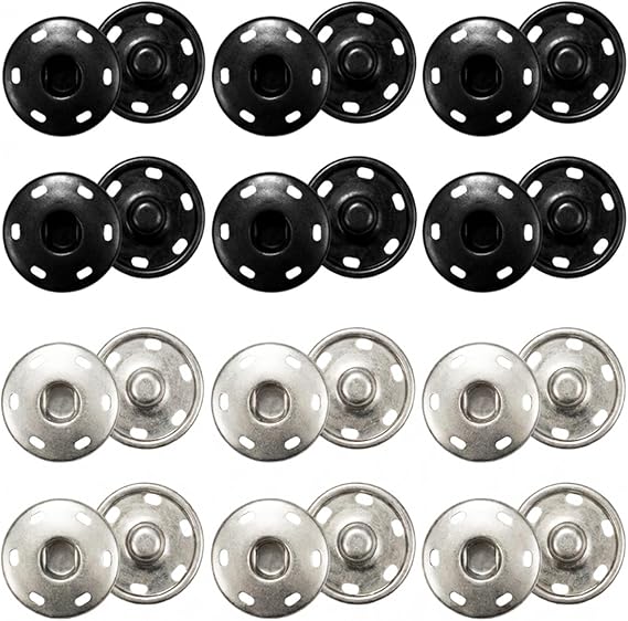 25mm Press Studs Snap Fasteners, 24 Sets Heavy Duty Sew-On Poppers Fasteners (12 Black + 12 Silver), Large Metal Press Studs for Clothing, Jackets, Bags & DIY Crafts