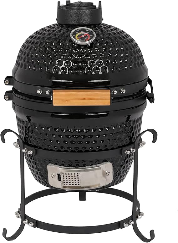 13in Round Ceramic Charcoal Grill, Ceramic Grill, 13" Round Kamado Charcoal Grill, Portable Barbecue Grill with Thermometer for Variations on Cooking Methods,Black