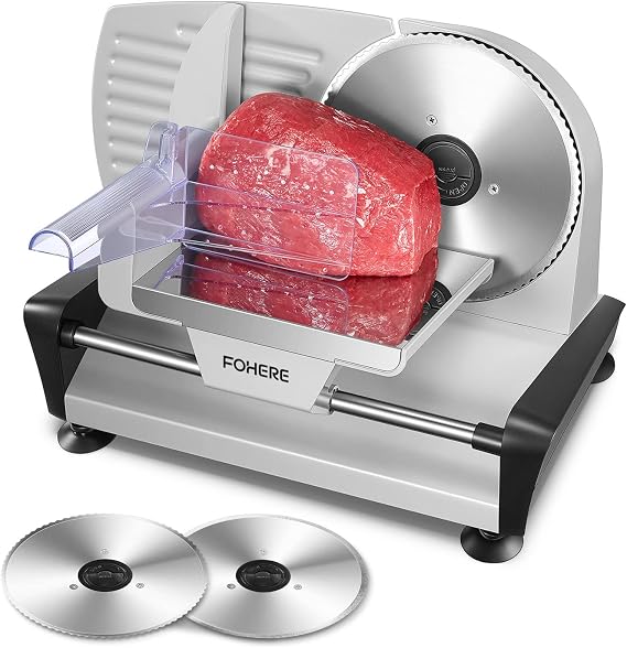 FOHERE 200W Meat Slicer 7.5" Serrated+Smooth Blades & Adjustable Thickness