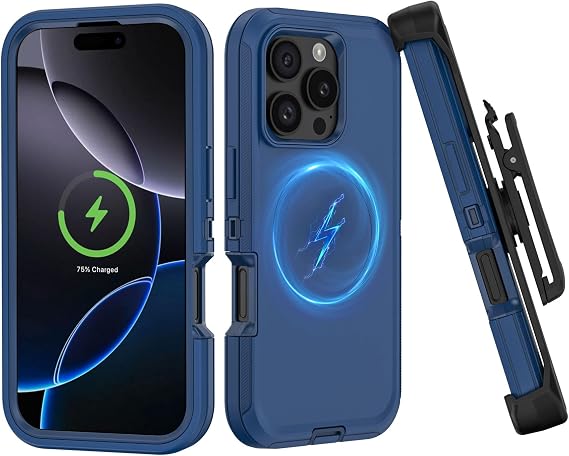 iPhone 16 Pro Maxケース対応 ベルトクリップホルスター付き 高耐久 磁気ワイヤレス充電 フルボディ保護 キックスタンドカバー iPhone 16 Pro Max 6.9インチ 携帯電話用 ネイビーブルー