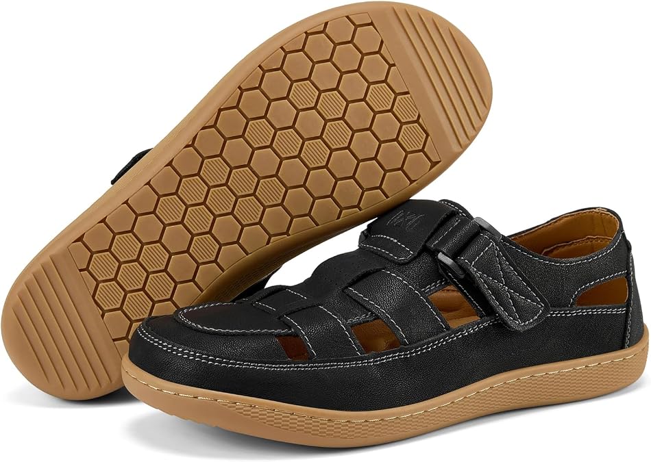 Moodeng Men's Sport Sandals Wide Toe Box Leather Sandals Ultra Lightweight Non-Slip Outdoor Casual Walking Slippers for Men