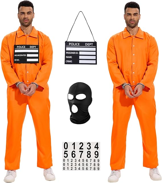 Prisoner Costume メンズ オレンジ 囚人 ジャンプスーツ ハロウィンコスチューム 刑務所受刑者 服 刑務所 制服 長袖 SV057-M