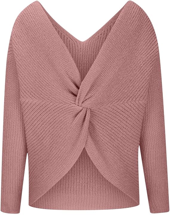 Women's V Neck Criss Cross Twisted Back Sweaters 2024 Fall Long Sleeve Solid Knitted Pullover Trendy Fashion Tops