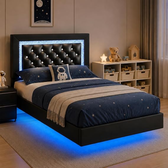 Floating Bed Frame Twin with LED Lights and Diamond Headboard,Balck | BarnFurin Upholstered Bed Frame, No Box Spring Needed, Noise Free, Easy Assembly