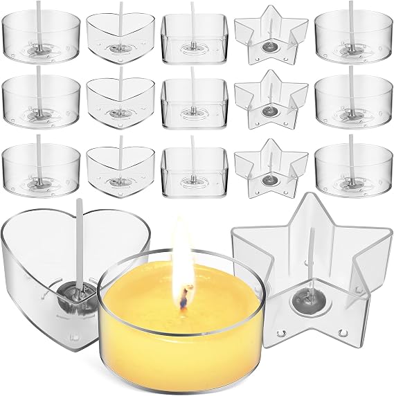 Beavorty 100pcs Wicks with 40pcs Plastic Clear Tea Light Candle Cup Holders set, 10pcs each in Heart Square Round Star Shaped Tealight Cups Votive Containers for DIY Candle Making