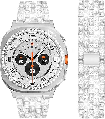 DEALELE Strap and Case Compatible with Samsung Galaxy Watch Ultra 47mm (2025/2024), Bling Rhinestone Metal Bands with Diamond PC Protective Case Cover Replacement for Women Men, Silver