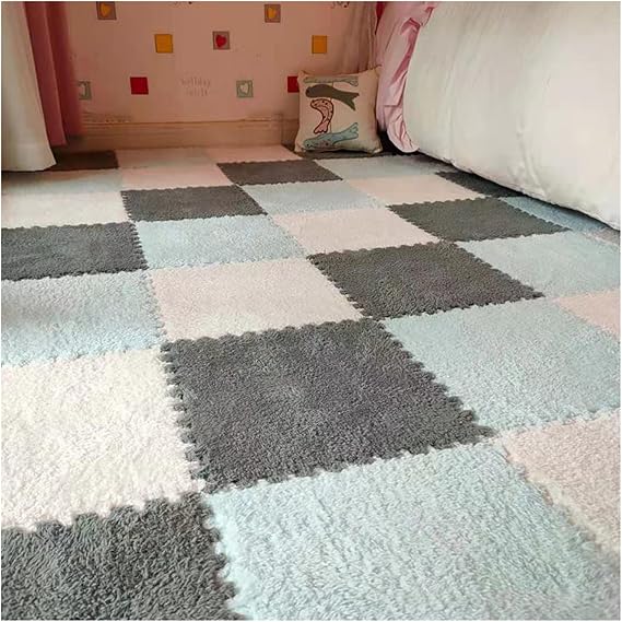 10 Pieces Interlocking Carpet Tiles, Plush Foam Square Floor Mats Set, 12x12inch Interlocking Fluffy Plush Puzzle Playmat With Border, 10 Tiles/10 Sq.Ft(Color:Blue White+Grey)