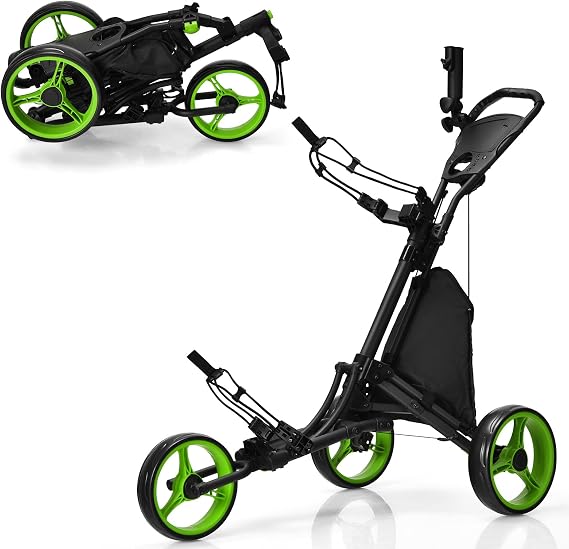 COSTWAY 3 Wheel Golf Push Pull Cart, Lightweight Foldable Golf Trolley with Adjustable Height Handle, Umbrella Stand, Cup Holder and Foot Brake