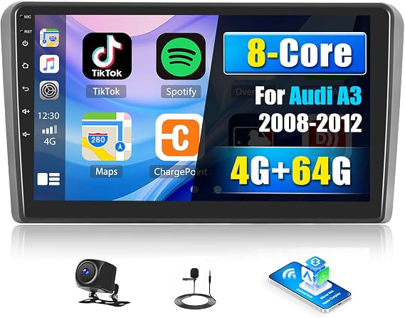 8-Core 4G+64G Android 15 Car Radio for Audi A3 2008-2012, 9" Touchscreen Car Stereo with Wireless Carplay Android Auto Bluetooth GPS Navi WiFi Mirror Link SWC+ Backup Camera Mirror Link