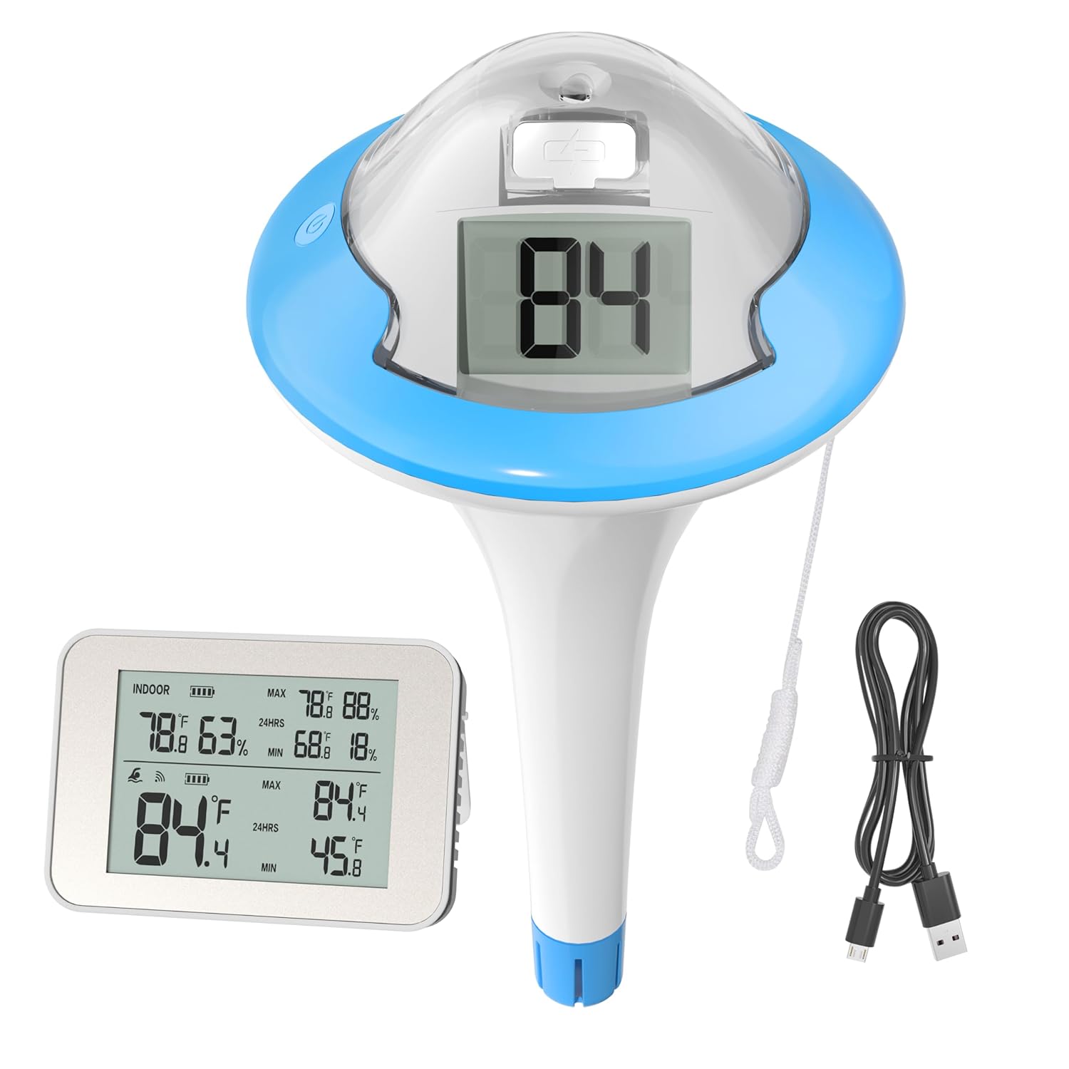 BALDR Rechargeable Wireless Pool Thermometer Floating Easy Read, Dual Screens Big Digits Water Thermometer for Swimming Pool, Hot Tub, Hot Spring, Aquarium Blue