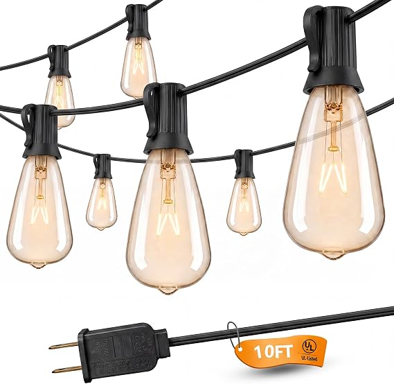 SUNSGNE 10Ft Outdoor Patio String Lights with 11 Edison Bulbs (1 Spare), Vintage Edison Bulb String Lights for Patio Garden Backyard Porch Bistro Umbrella Party, 7 Watt E12 Base, Black Wire