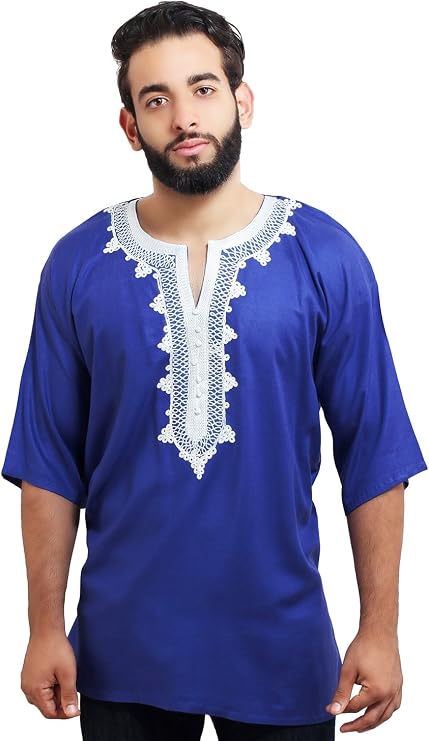Moroccan Men Tunic Caftan Breathable Fiber Cotton Hand Tread Embroidery Ethnic Blue white embroidery