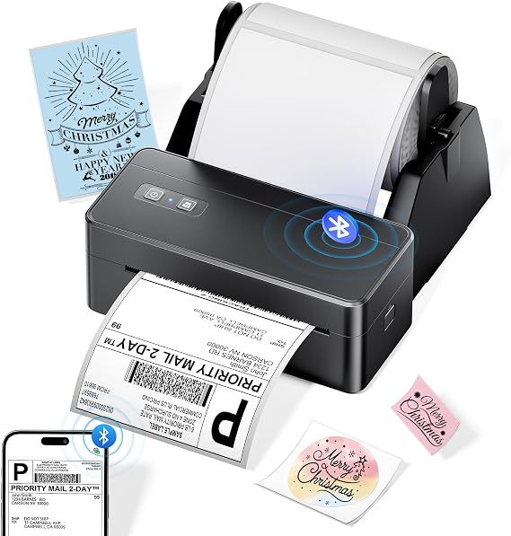 Bluetooth Shipping Label Printer 4x6 with Label Holder, Black