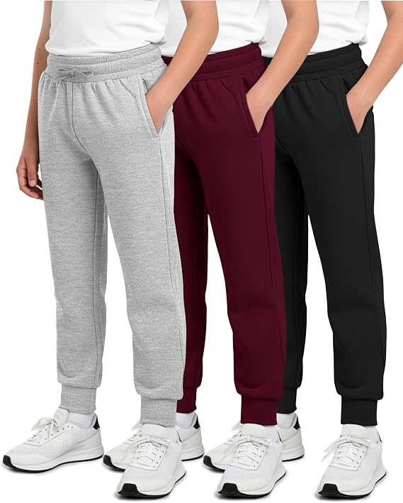 Real Essentials 3 Pack: Boys' Cotton Fleece Jogger Sweatpants - Active Athletic Youth Pants for Teens with Pockets