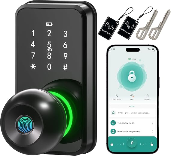 Smart Door Lock Knob Fingerprint Keypad Keyless Entry Lock for Front Door | Touchscreen Keypad, Electronic Digital Code for Front Door, App Remote Control, Easy Installation