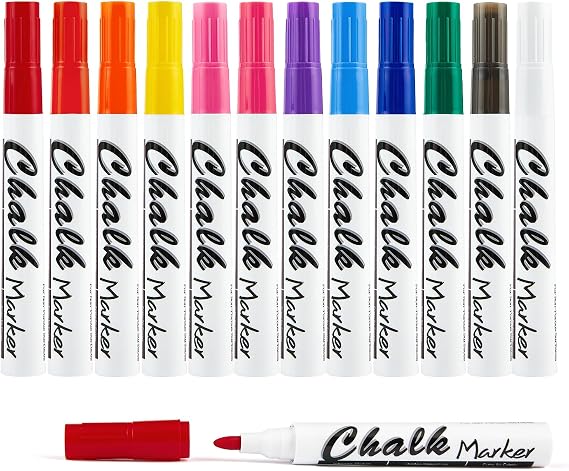 Volcanics Liquid Chalk Markers – Pack of 12 Bright Colours, Fine Tip Chalk Pens for Blackboard, Chalkboards, Windows, Glass, Erasable Wet Wipe Neon Ink, Ideal for Teachers Office & Home Use | Wet Erase Chalk Pens, No Shake or Prime Required, Water-Based, Dust-Free, Non-Toxic for Chalkboards, Windows, LED Signs