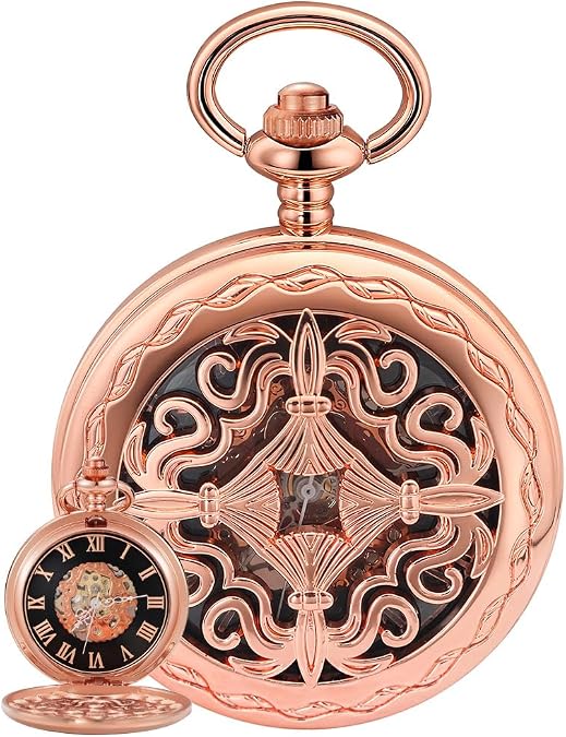 Rose Gold Roman Numerals Scale Mechanical Pocket Watch Mens Retro Chain Clock Mechanical Hand Winding Antique Timepiece Male