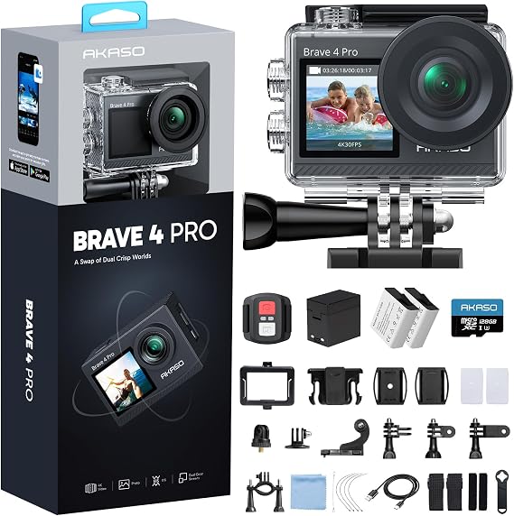 AKASO Brave 4 Pro 4K30 Action Camera with 128GB MicroSD U3 Card, 131FT Underwater Waterproof Camera EIS Touch Screen Remote Control with 2x1350mAh Batteries and Helmet Accessories Kit Bundle