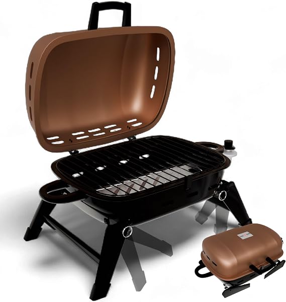 GasOne Tabletop Propane Grill Portable Grill Propane with Heat Resistant Handles, Large Cooking Surface User Friendly Temperature Control Knob Portable Gas Grill for RV, Camping, Home Tan Brown