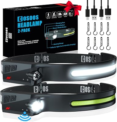 COSOOS Original 2 Rechargeable Headlamps, Bright LED Headlamp Flashlight 1000 Lumen, 230 Wide Beam & Spot Light, Motion Sensor, 2.4 oz Head Lamp with Clips for Hardhat, Camping, Hiking