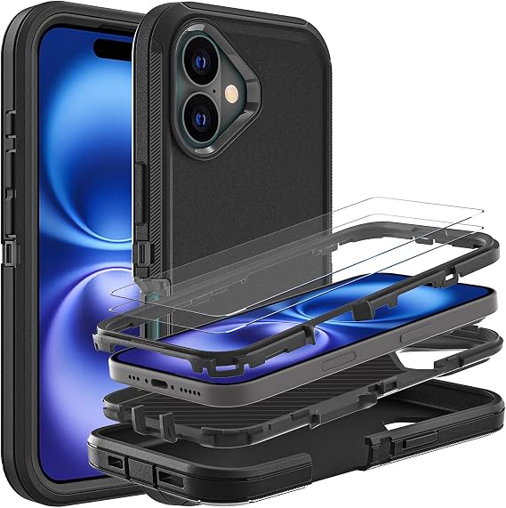 YKHJKLEC for iPhone 16 Case, Military Grade 3 in 1 Heavy Duty Shockproof/Drop Proof/Dust Proof Case with 2Pcs Tempered Glass Screen Protector (Black/Black)
