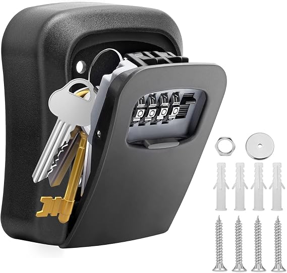 Key Safe Wall Mounted, Key Lock Box Outdoor, Key Box with 4 Digit Combination, Waterproof and Security Lockbox, Key Safe Outside for Home Garage Elderly Parents Key Cabinet(Black)