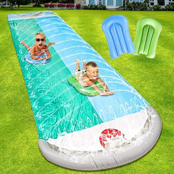 Water Slide, 5.5x1.45 M Inflatable Water Slide with Sprinkler & 2 Bodyboards, Heavy Duty Double Waterslide, Water Slide Mat for Party in Summer Yard Lawn Outdoor Water Play Activity(SharkStyle)
