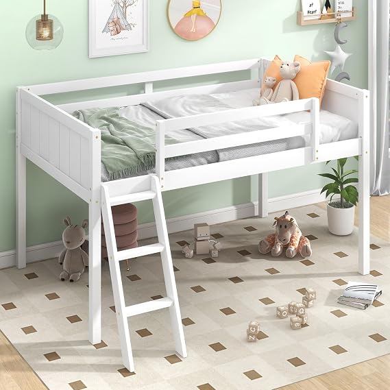 Twin Size Wood Low Loft Bed with Reversible Ladder Position
