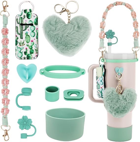 10PCS Stanley Cup Accessories Set for 30oz 40oz Tumbler,Including Silicone Stanley Cup Boot Straw Cover, Spill Stopper,Heart Charm, Water Bottle Handle Strap&Tumbler Charms Decorations(Mint Green)