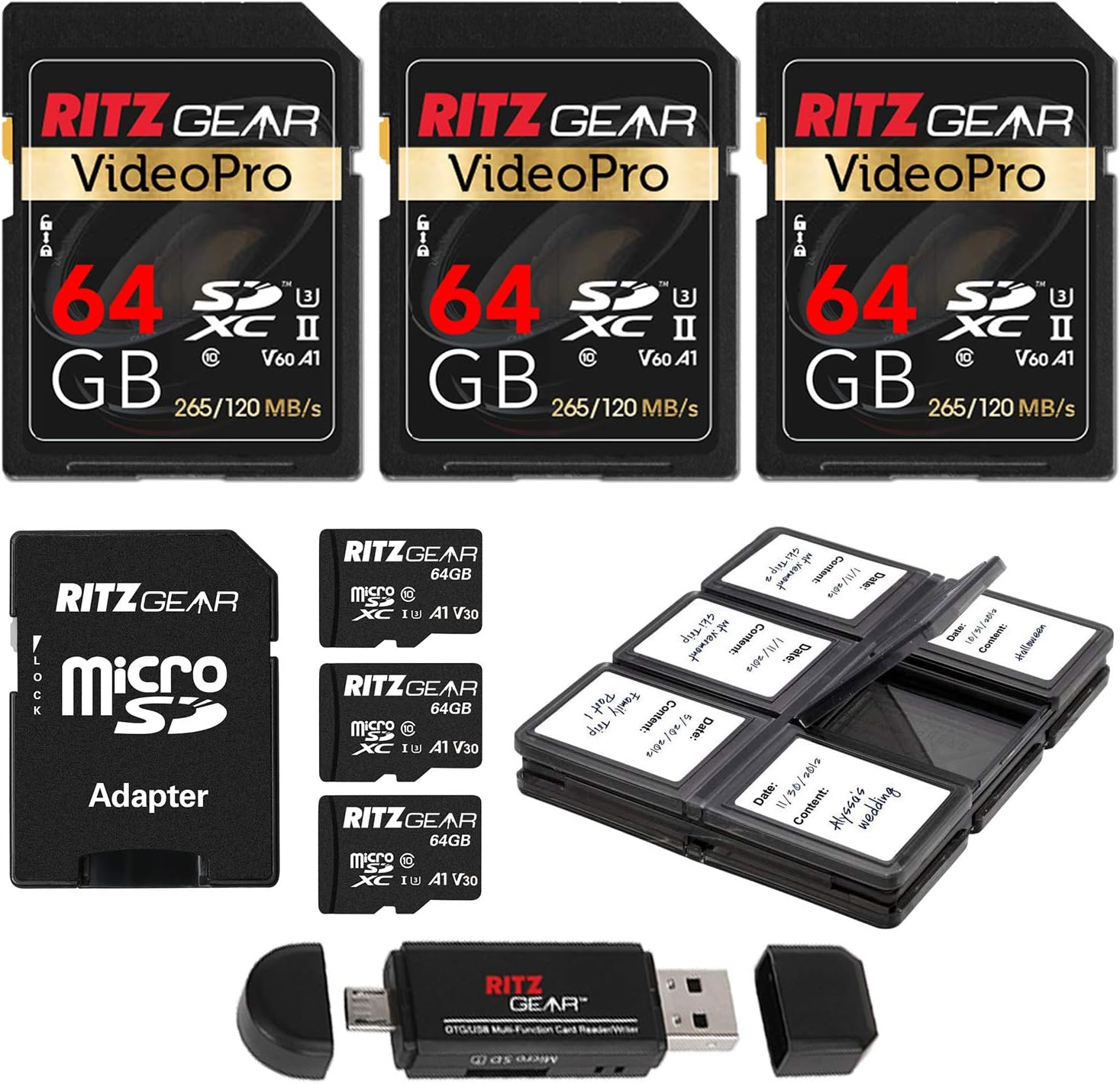 Ritz Gear 4K SDXC 64GB U3 V60 Memory Card 3-Pack 64GB V30 Extreme Performance MicroSDXC Memory Card 3-Pack with Vivitar 6 Panel SD Card Holder and Memory Card Reader