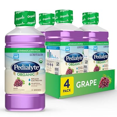 Pedialyte Organic Electrolyte Drink, Advanced Hydration for Kids & Adults, With Zinc for Immune Support, Grape, 1 Liter 33.8 Fl Oz Pack of 4