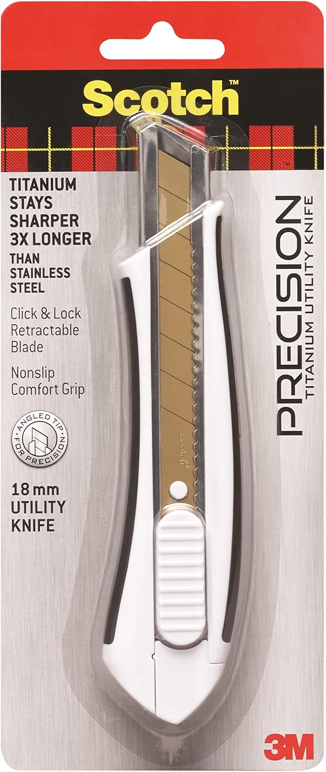 Scotch Titanium Snap-Off Utility Knife – Large 18mm Heavy-Duty Cutter with Locking Retractable Blade, Comfort Grip Titanium 3X Sharper, Ideal for Boxes & Crafts