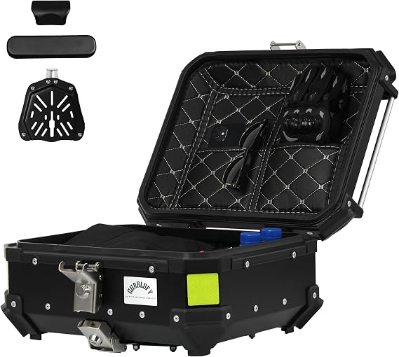 Motorcycle Top Case, 25L Aluminum Compact Motorcycle Top Box Black | With Anti-Theft Lock System, Waterproof, Easy Installation with Universal Bracket, Back Cushion Included, GBTC-25BL