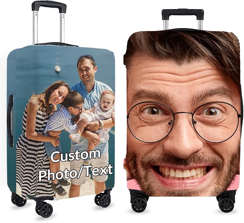 Custom Luggage Cover - Personalized Suitcase Cover With Photo Name Text Face Double Sided Elastic & Washable Travel Baggage Protector Cover