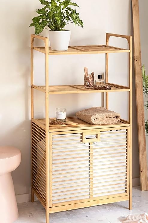 Digithome Bambu XL Kirli Sepetli 3 Raflı Çok Amaçlı Banyo Düzenleyici Çamaşır Sepeti Organizer DB-0011
