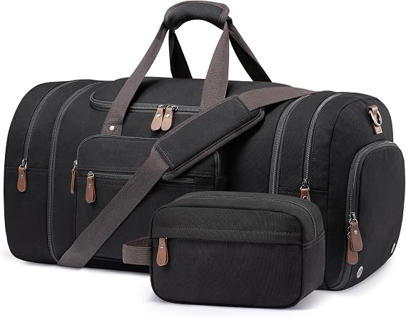 Sucipi Canvas Travel Duffel Bag for Men, Weekend Overnight Bag with Shoe Compartment and Toiletry Bag, Carry-On for Airplanes, Black