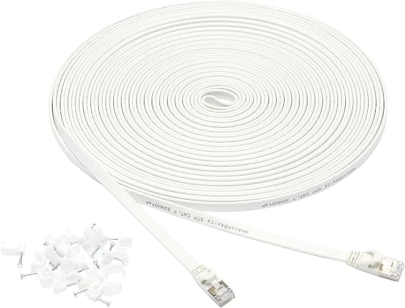 Amazon Basics RJ45 Cat 7 Ethernet Patch Cable, Flat, 600MHz, Snagless, Gold Plated, LAN Network, Includes 20 Nails, 50 Foot, White