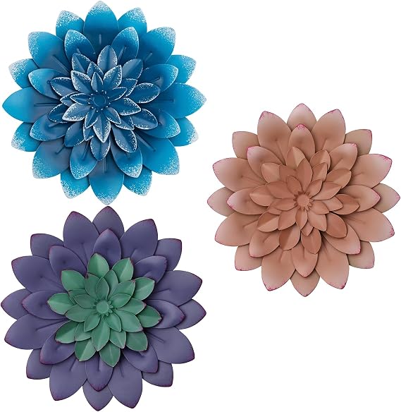Everydecor 3D Metal Succulent Wall Decor Set of 3 - Pink, Purple, Blue, Bundle