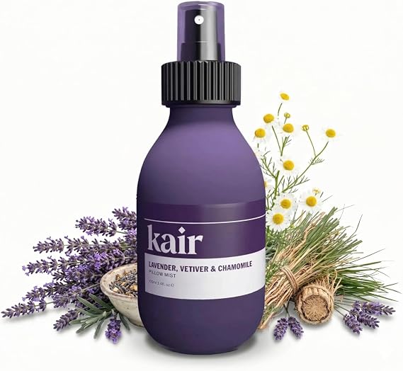 Kair Pillow Spray Mist - Lavender, Vetiver & Chamomile | Natural Aromatherapy Pillow Mist, 3.4 Fl Oz Refillable Glass Bottle, 100% Pure Essential Oils, Vegan Cruelty-Free, Calming Relaxing Scent