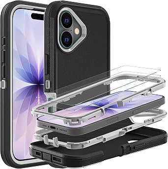 for iPhone 17 Case, Military Grade 3 in 1 Heavy Duty Shockproof/Drop Proof/Dust Proof Case with 2Pcs Tempered Glass Screen Protector (Black/Grey)