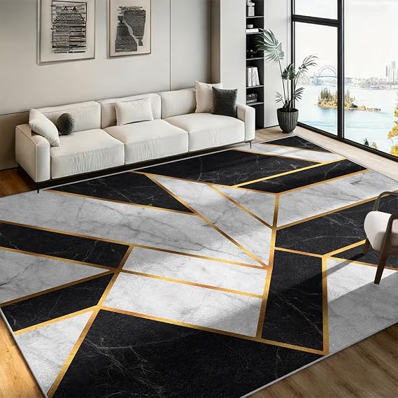 Modern Geometric Area Rug,70x140cm Minimalist Contemporary Gray and White Marble Checkered Rugs, Luxurious Gold-Lined Checkered Rugs, Soft Rectangular for Bedroom, Home Decor Carpet, Machine Washable